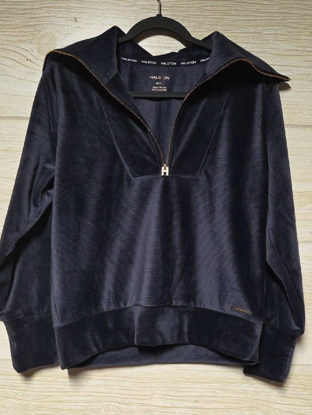 Halston Navy Velour Half-Zip with Gold Trim